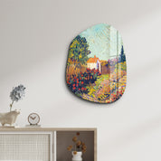 Glass wall art by Artdesigna featuring a Cottage Bloom Amorphous design with colorful, abstract floral patterns on clear glass.