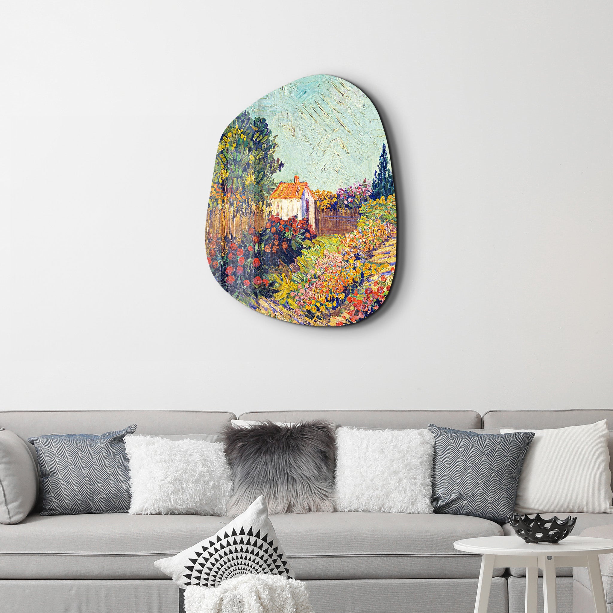 Artdesigna glass wall art featuring a Cottage Bloom Amorphous design with vibrant colors on clear glass, 20x25 inches.