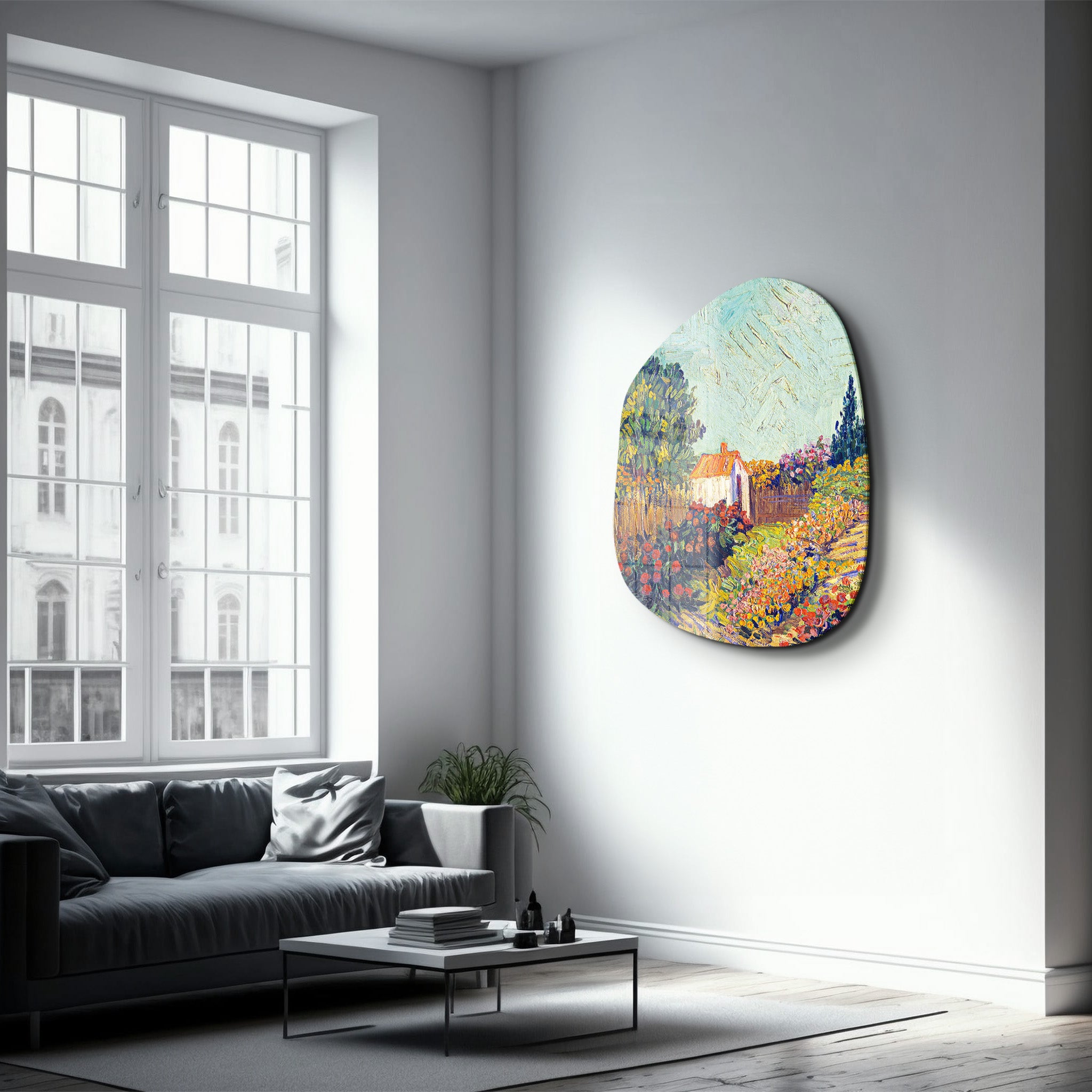 Glass wall art by Artdesigna featuring a Cottage Bloom Amorphous design, showcasing vibrant colors and abstract floral patterns.