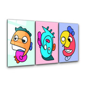 Cartoon Color Pop Faces Trio - Glass Wall Art