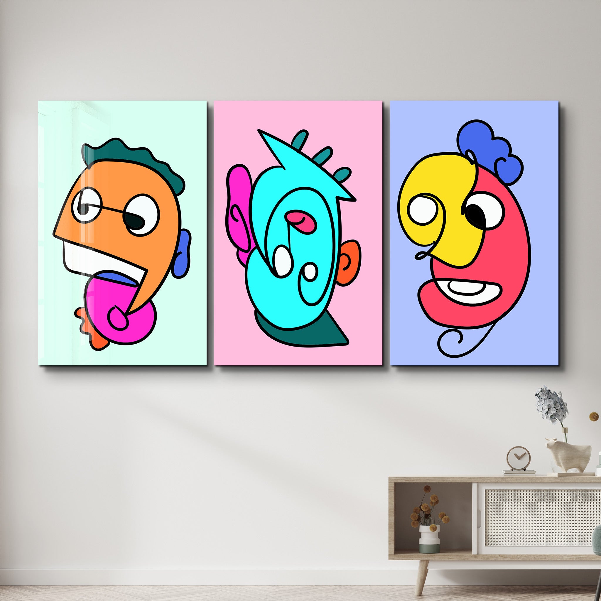 Cartoon Color Pop Faces Trio - Glass Wall Art