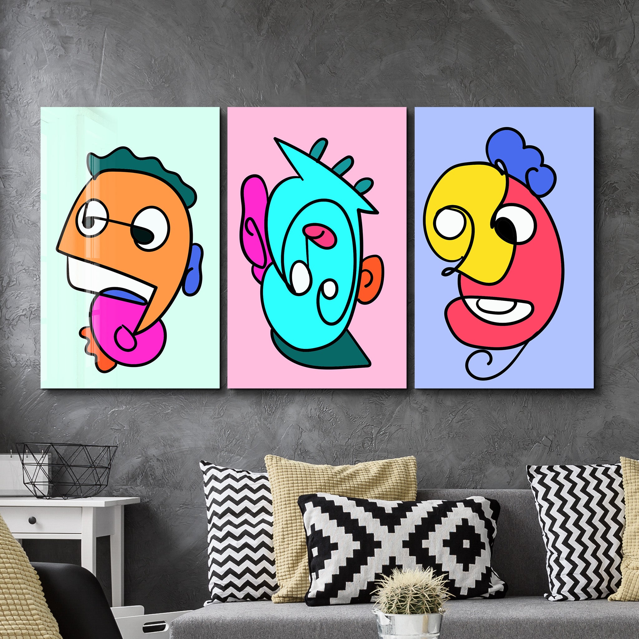 Cartoon Color Pop Faces Trio - Glass Wall Art
