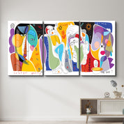 Colorful Party Abstract Faces Trio - Glass Wall Art