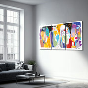 Colorful Party Abstract Faces Trio - Glass Wall Art