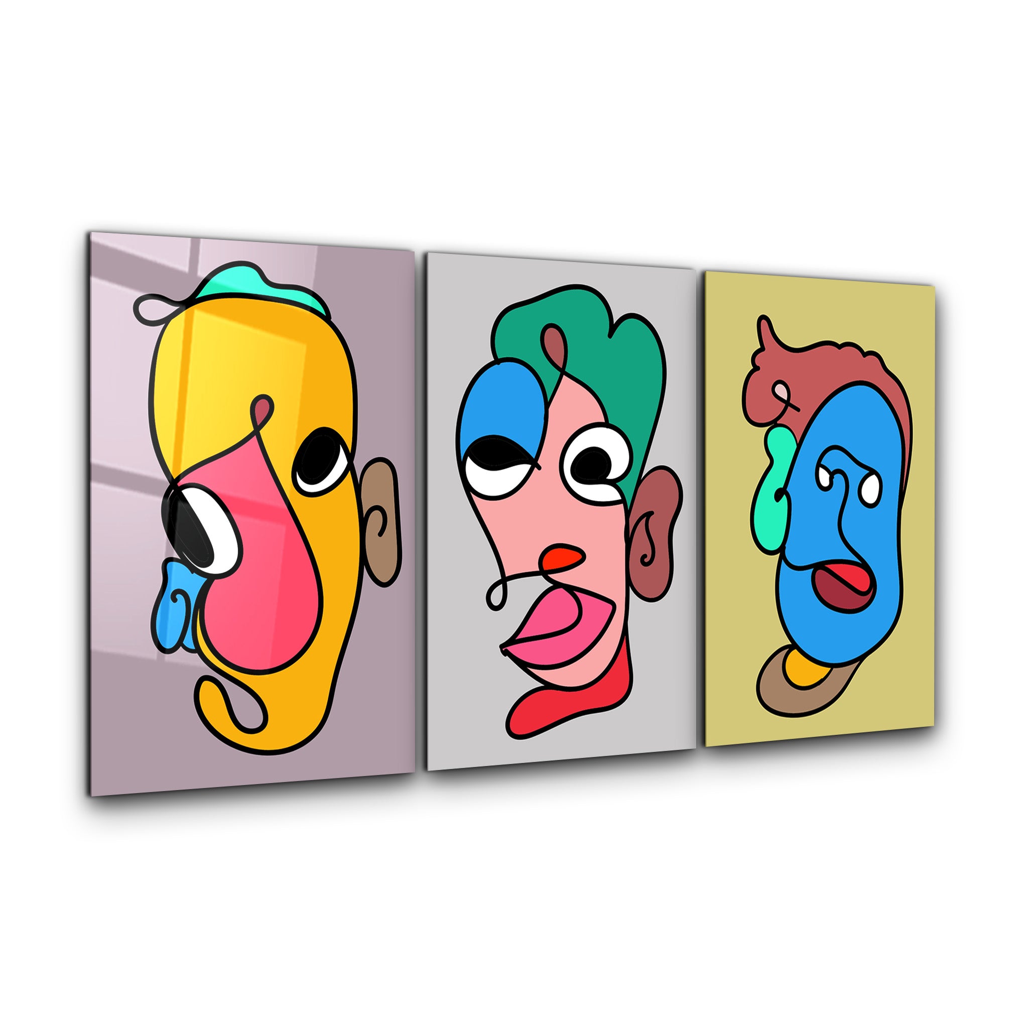 Whimsical Faces in Motion Trio - Glass Wall Art