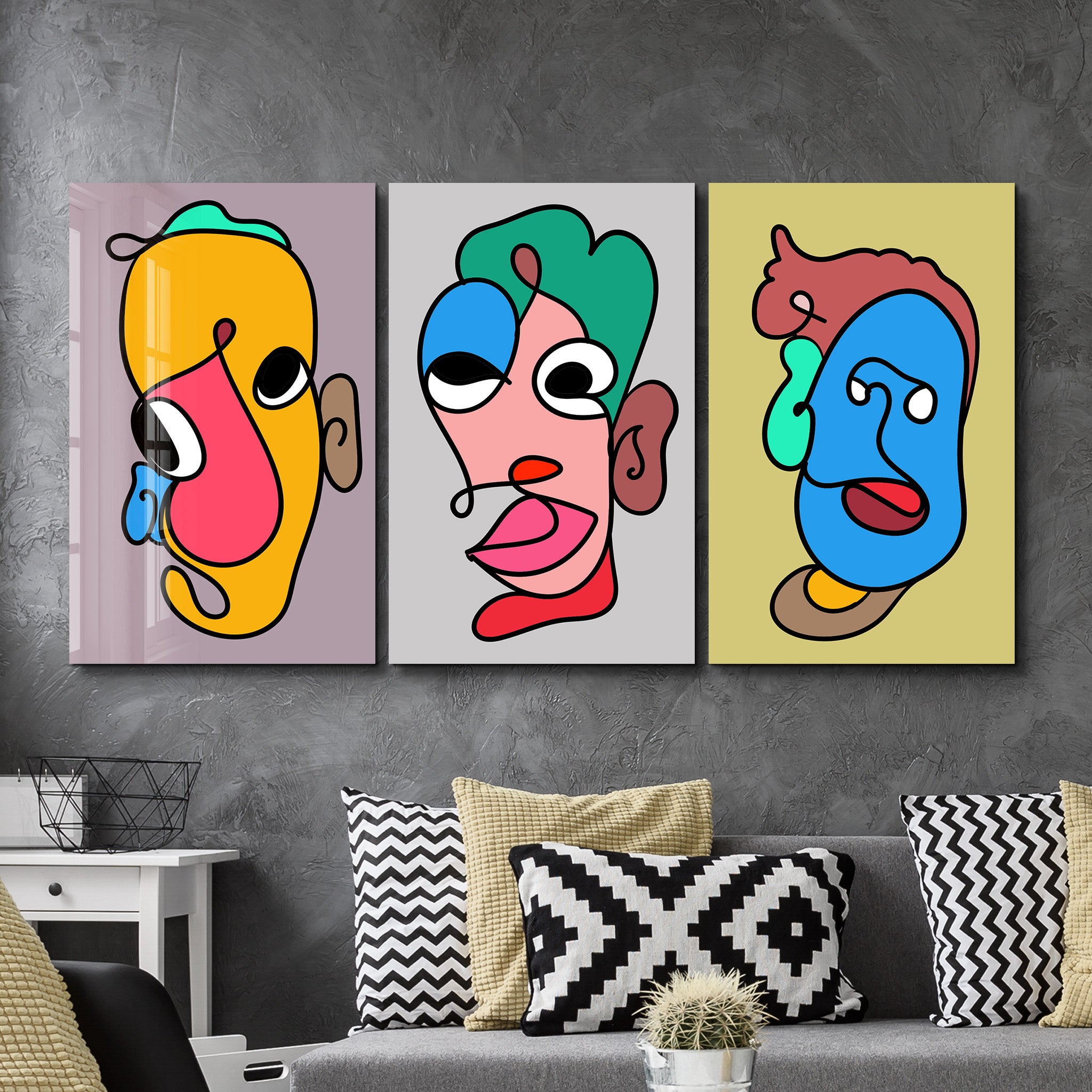 Whimsical Faces in Motion Trio - Glass Wall Art