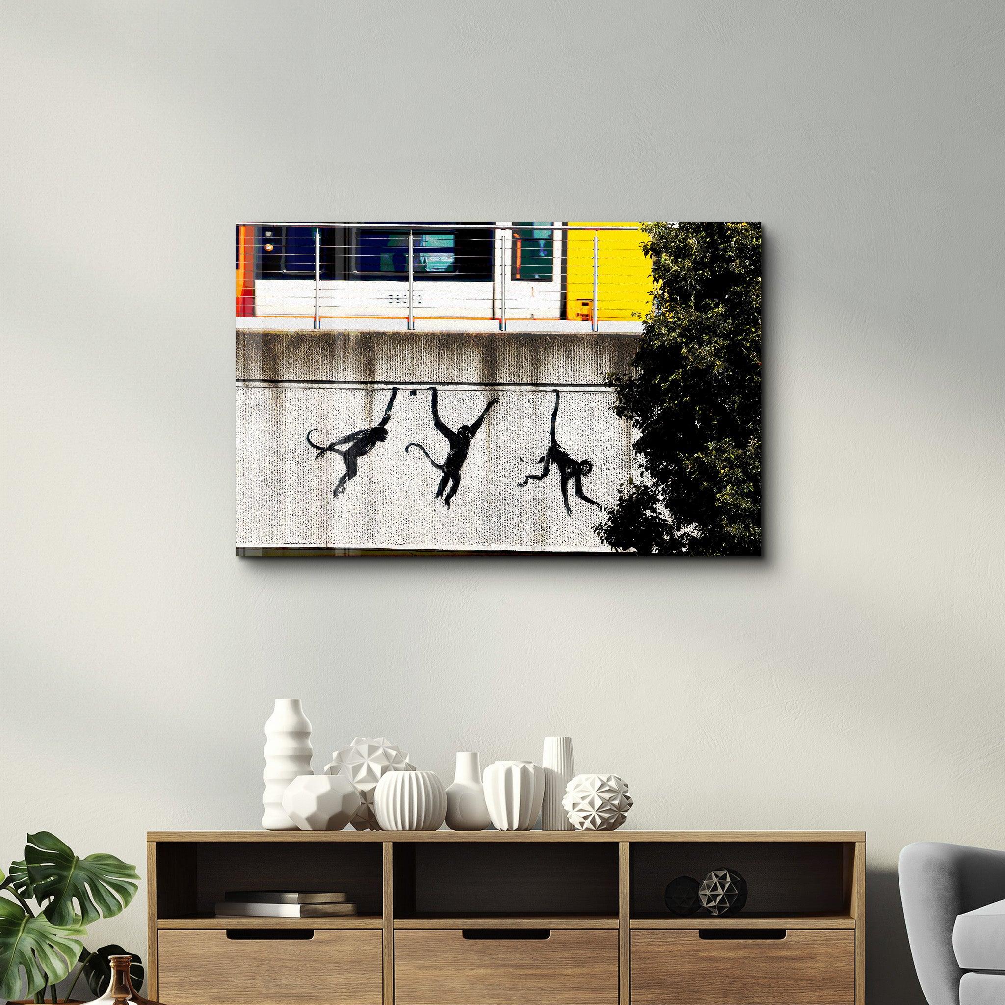 Banksy - Monkeys on the Train Bridge - Glass Wall Art - Artdesigna