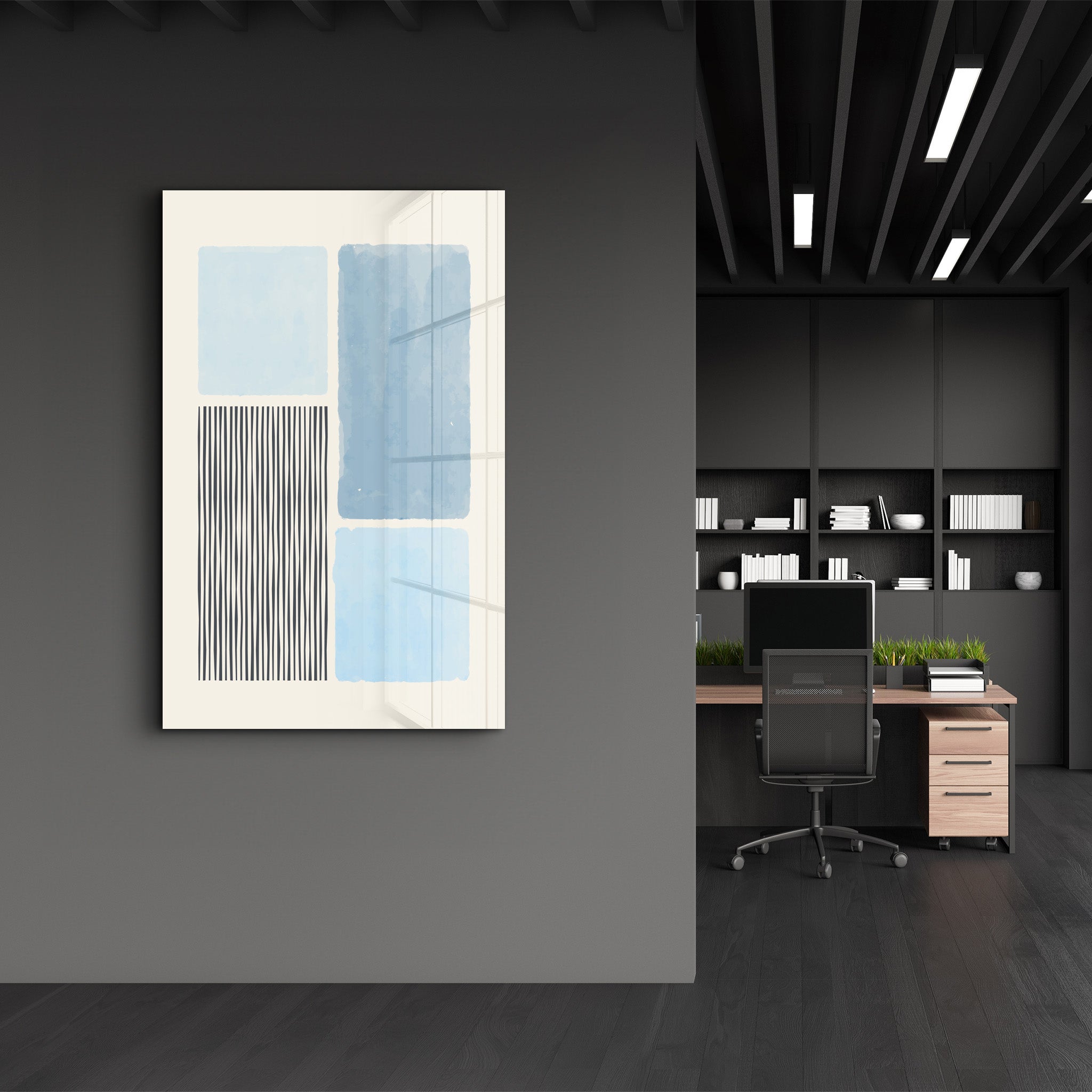 Blue Blocks with Linear Contrast - Glass Wall Art