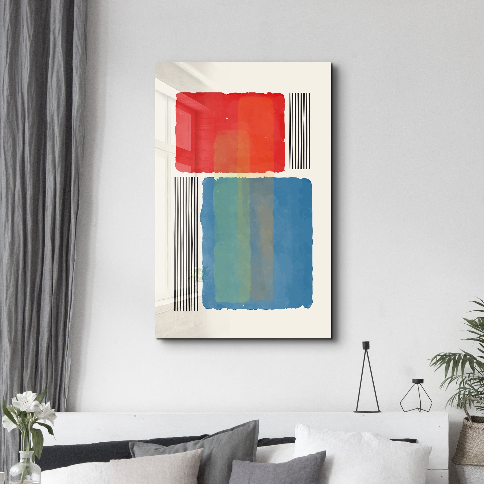 Bold Color Blocks with Vertical Lines - Glass Wall Art