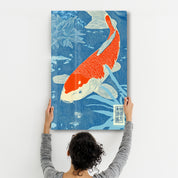 Koi Fish in Blue Water - Glass Wall Art
