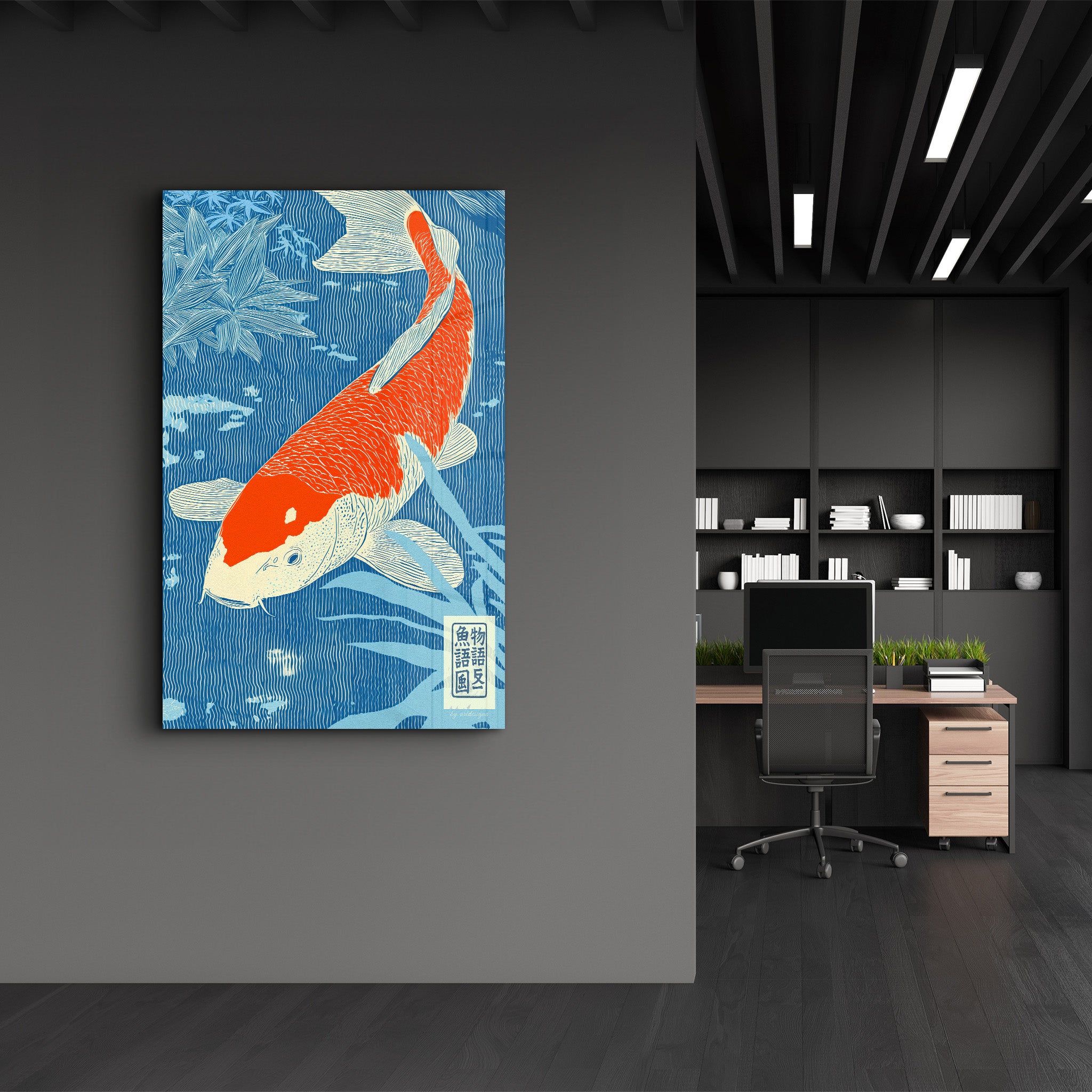 Koi Fish in Blue Water - Glass Wall Art