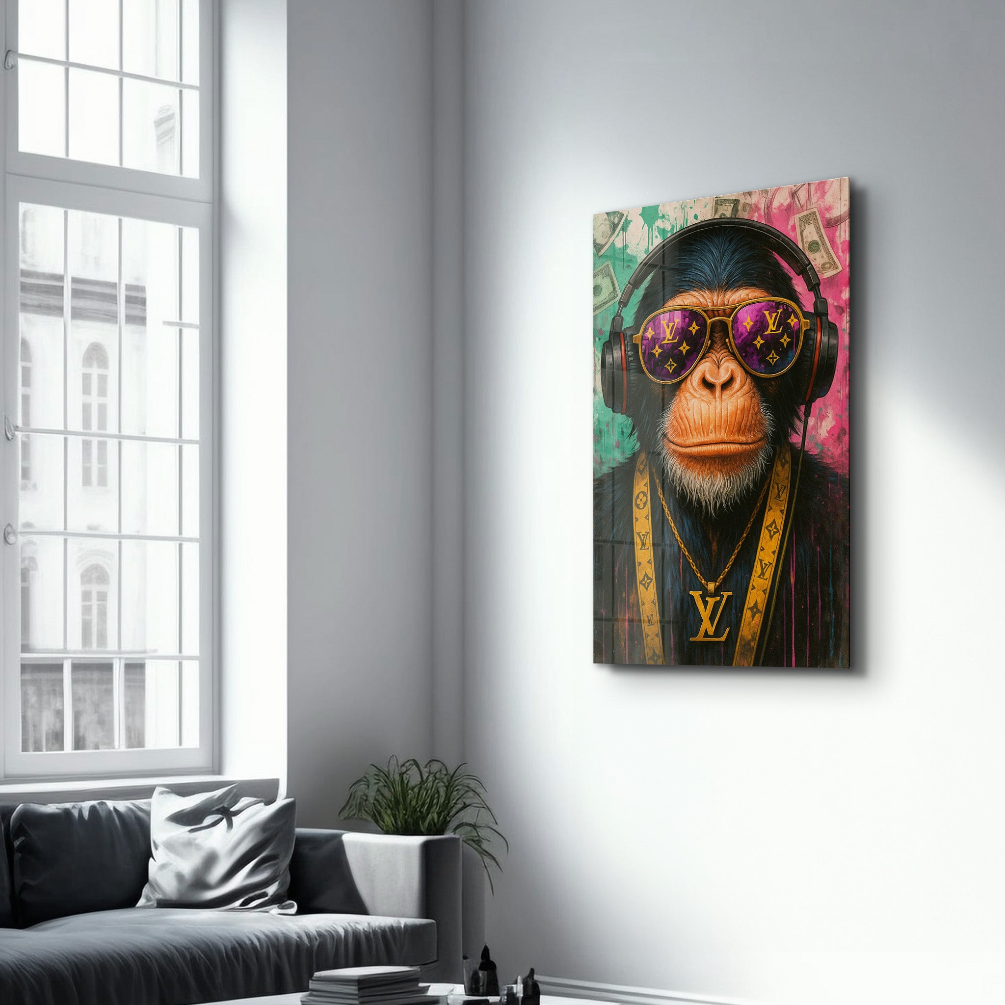 LV Ape Mode - Luxury Primate Glass Wall Art