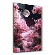 Glass wall art featuring a moon rising over pink clouds by Artdesigna, showcasing vibrant colors and a serene night sky scene.