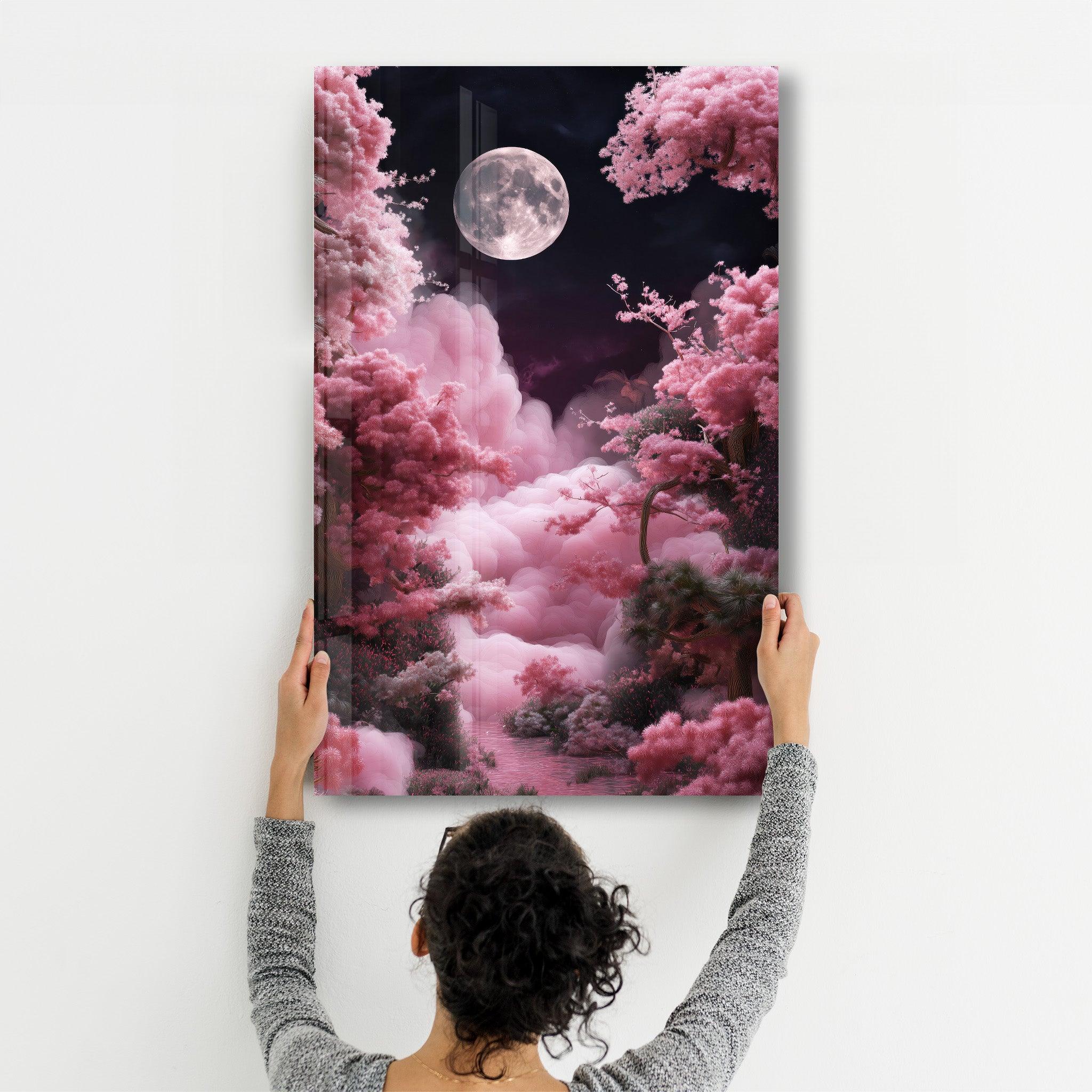 Glass wall art by Artdesigna depicting a moon rising over pink clouds on a sleek, reflective surface.