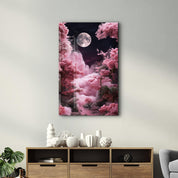 Glass wall art by Artdesigna featuring a moon rising over pink clouds, showcasing vibrant colors and a serene landscape scene.
