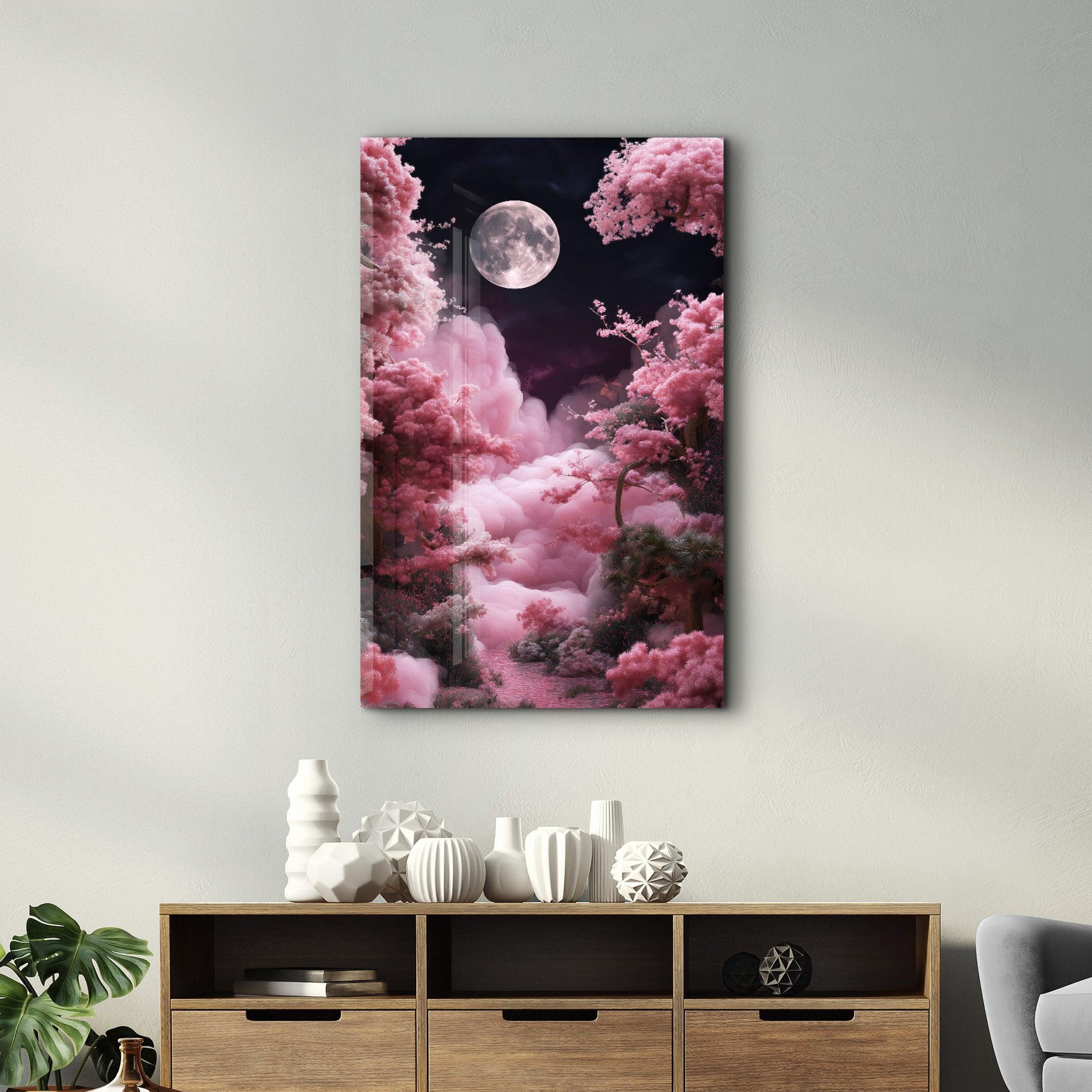 Glass wall art by Artdesigna featuring a moon rising over pink clouds, showcasing vibrant colors and a serene landscape scene.