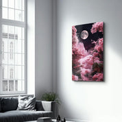 Glass wall art by Artdesigna featuring a moon rising over pink clouds, with a vibrant and artistic design suitable for modern decor.