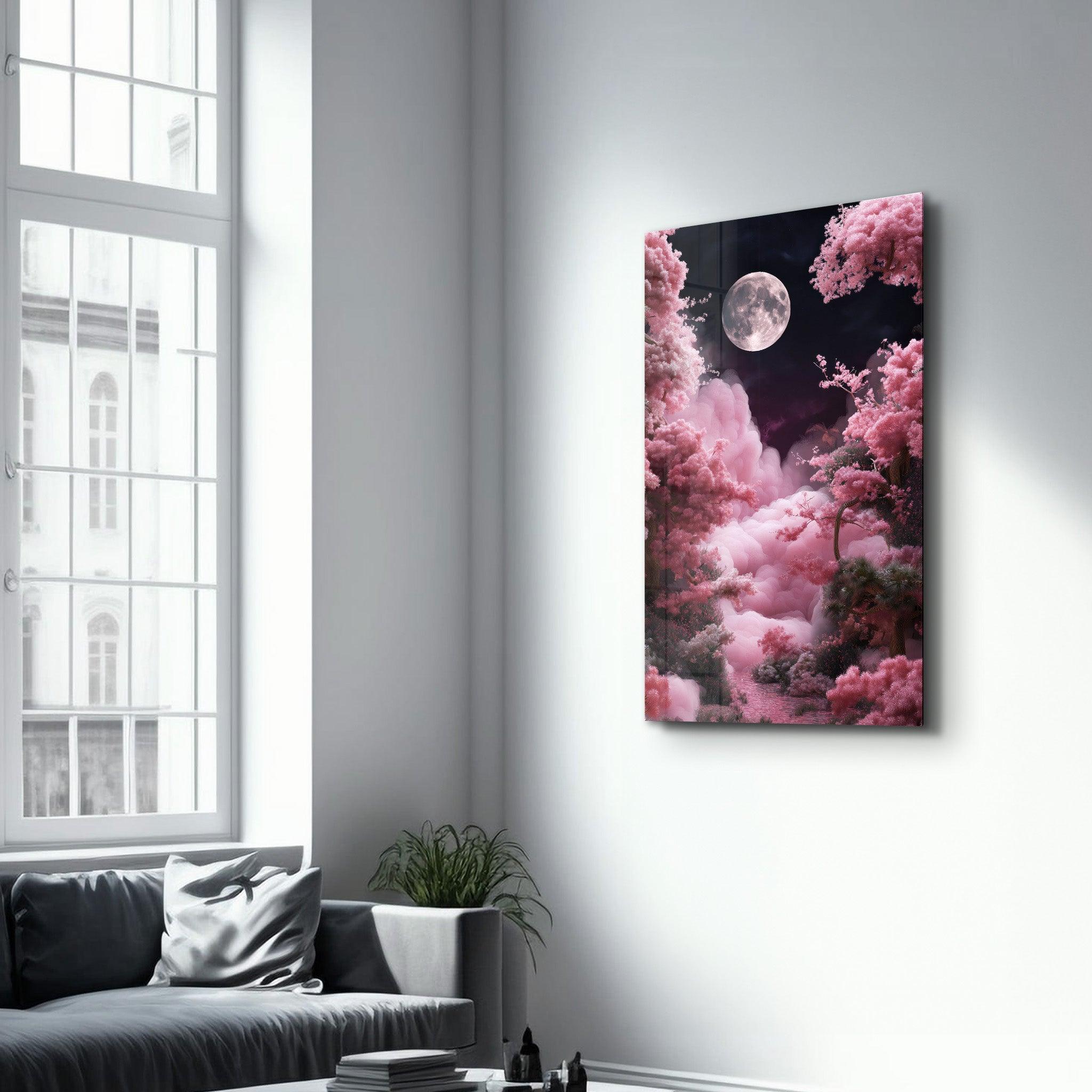 Glass wall art by Artdesigna featuring a moon rising over pink clouds, with a vibrant and artistic design suitable for modern decor.