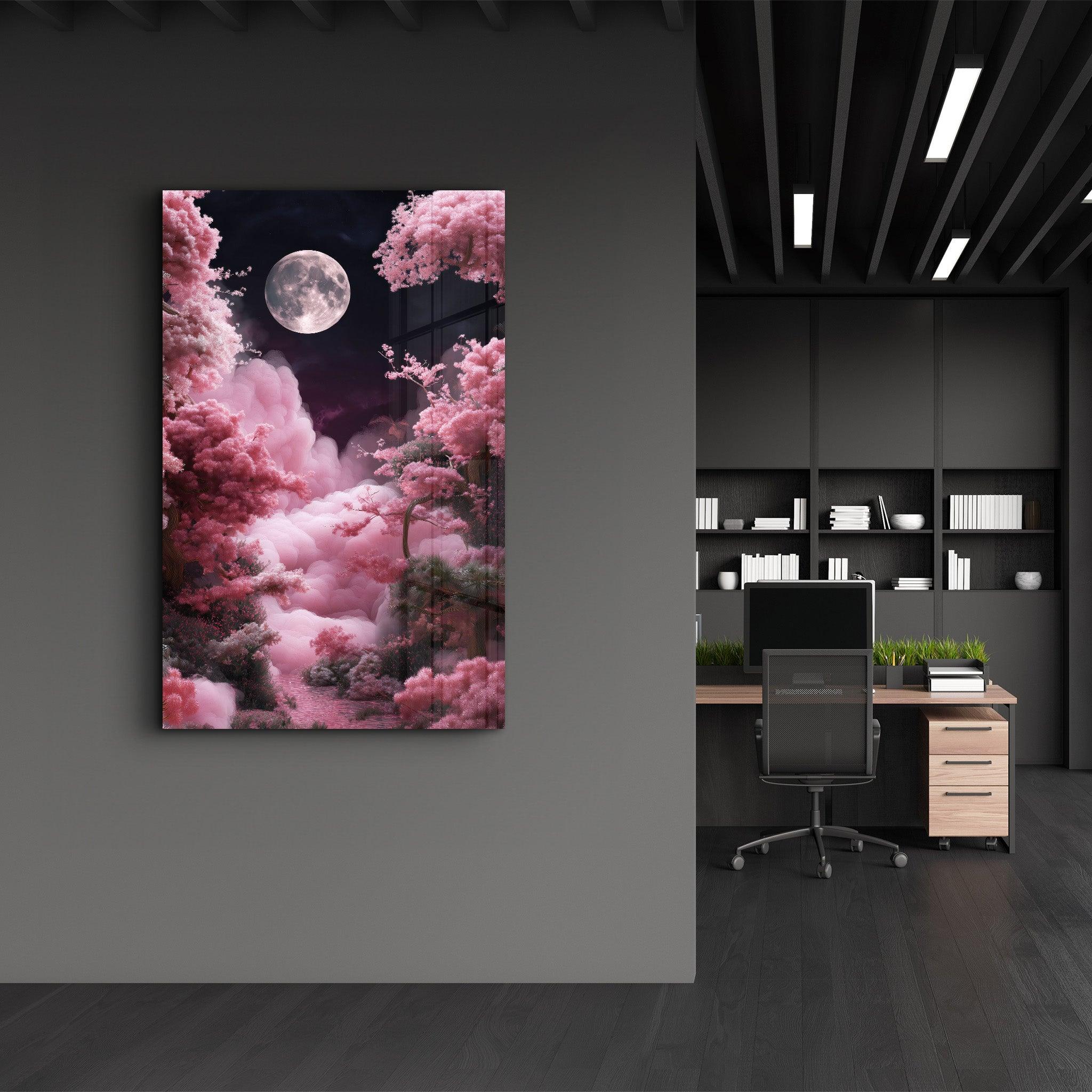Glass wall art by Artdesigna featuring a moon rising over pink clouds, displayed on a sleek glass panel.