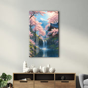 Glass wall art featuring tranquil sakura falls by Artdesigna, showcasing delicate cherry blossom design on clear glass.