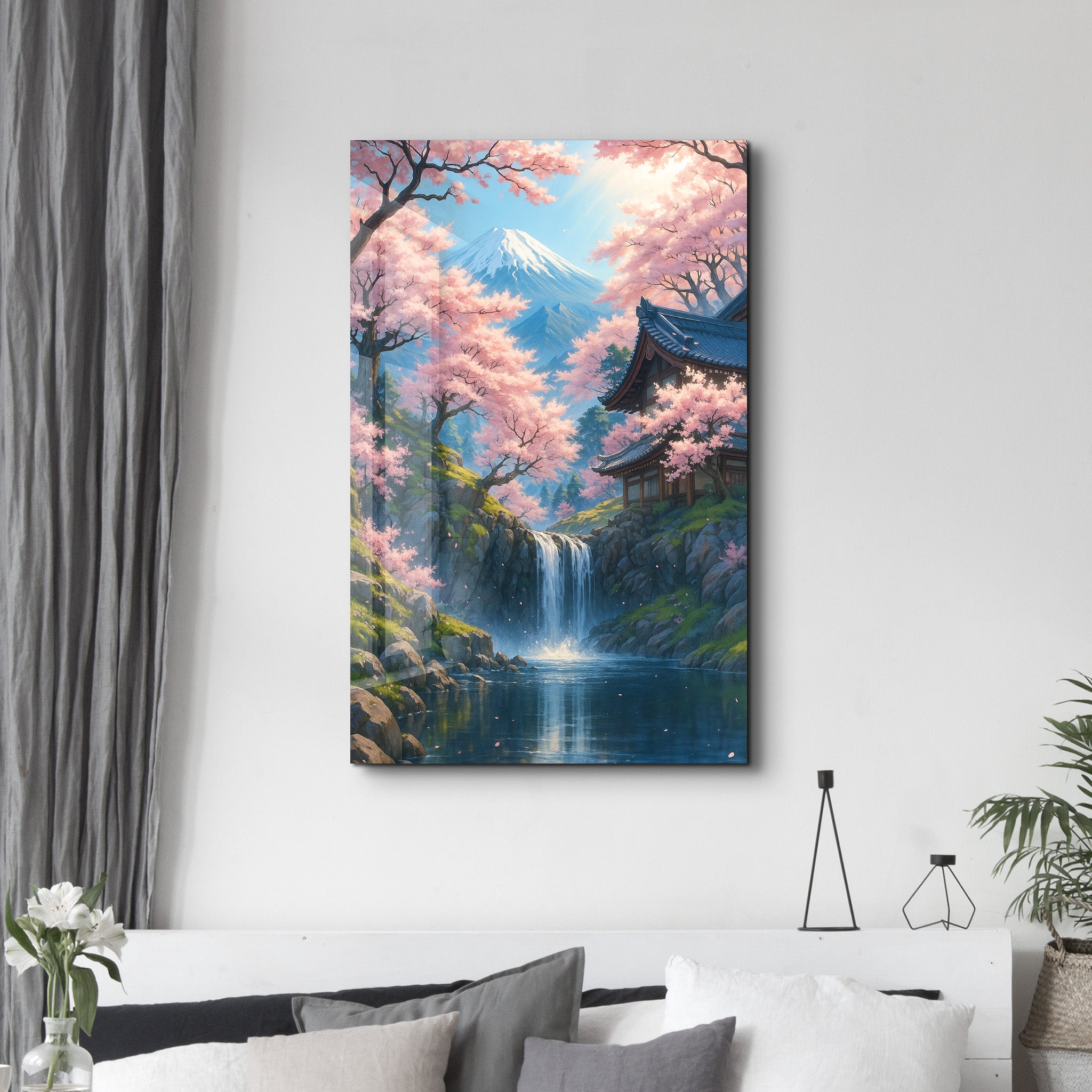 Glass wall art titled Tranquil Sakura Falls by Artdesigna, featuring a serene cherry blossom scene on clear glass.