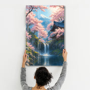 Glass wall art by Artdesigna featuring tranquil sakura falls with vibrant pink cherry blossoms on a clear glass panel.