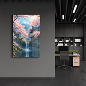 Glass wall art by Artdesigna featuring tranquil sakura falls scene with delicate cherry blossoms on clear glass.