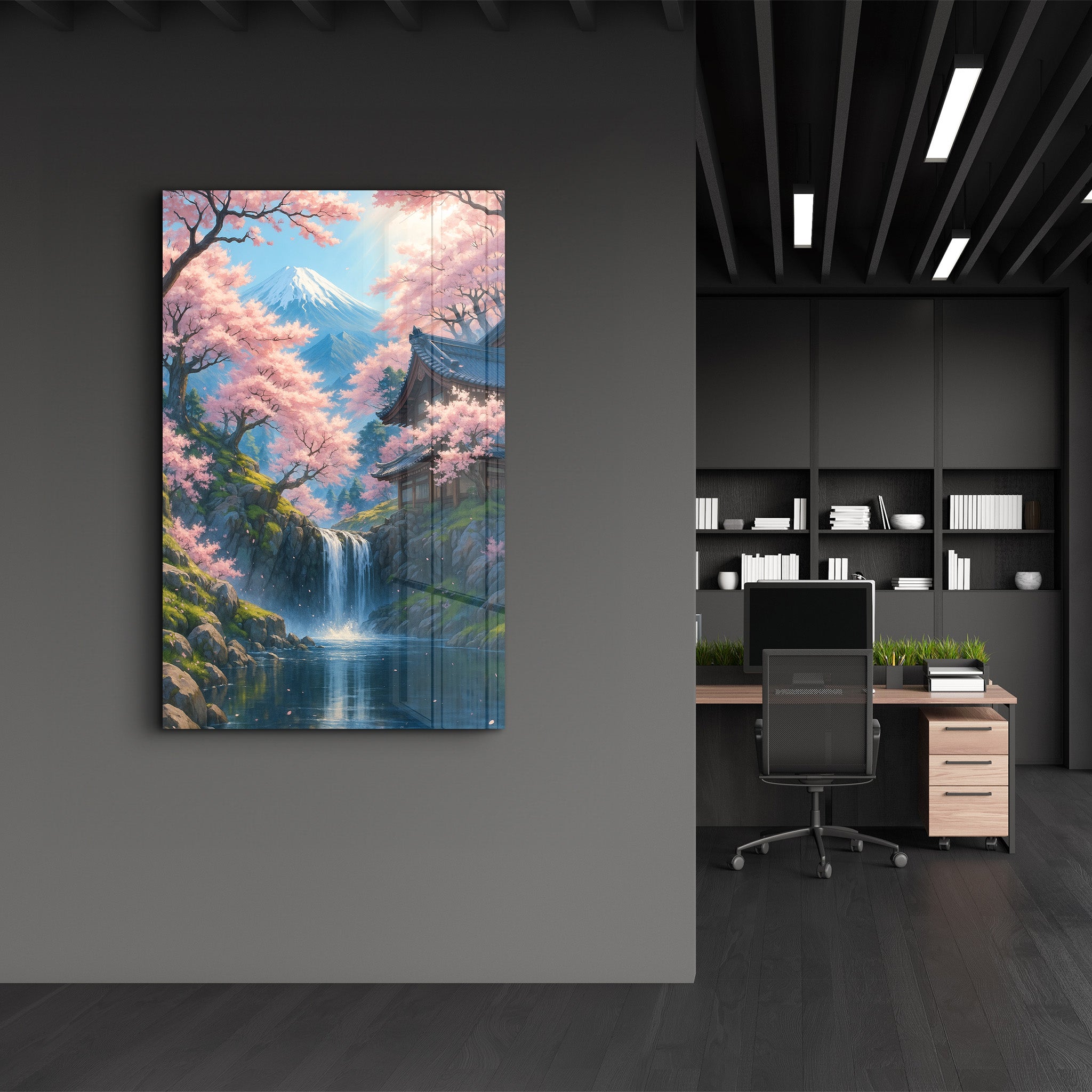 Glass wall art by Artdesigna featuring tranquil sakura falls scene with delicate cherry blossoms on clear glass.