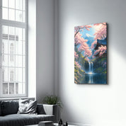 Glass wall art titled Tranquil Sakura Falls by Artdesigna, featuring a serene cherry blossom scene in vibrant colors.