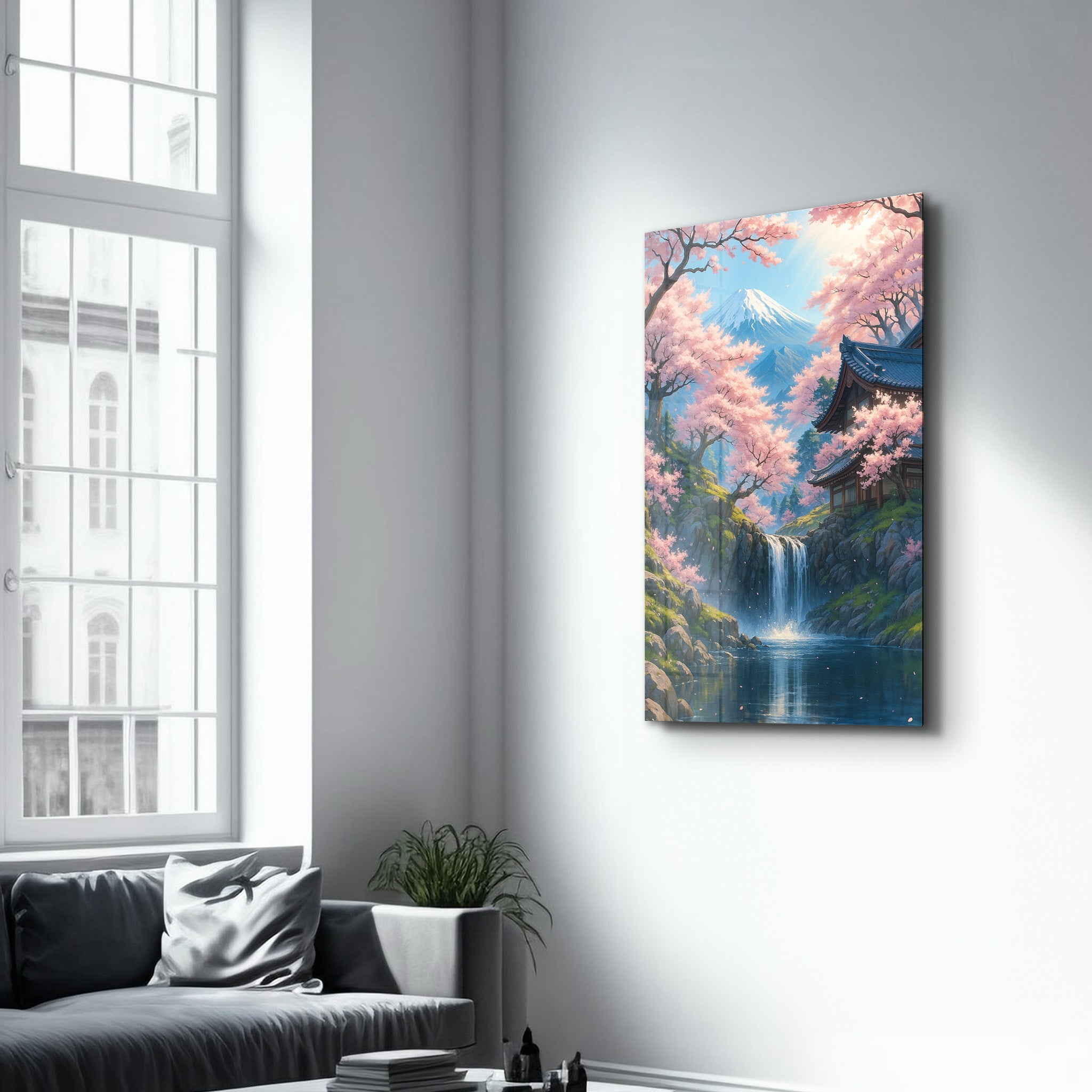Glass wall art titled Tranquil Sakura Falls by Artdesigna, featuring a serene cherry blossom scene in vibrant colors.