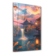 Twilight Koi Garden glass wall art by Artdesigna featuring vibrant koi fish and serene water scene on clear glass panel
