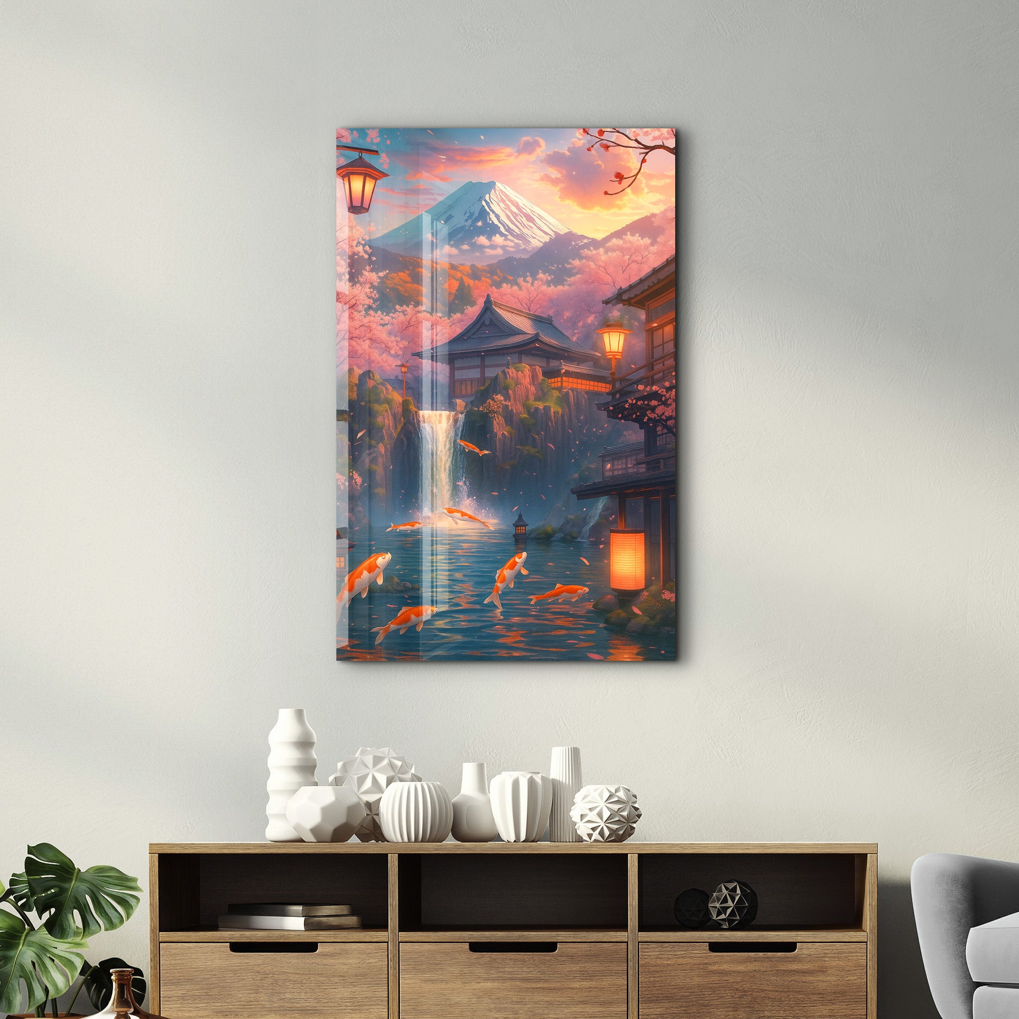 Glass wall art featuring a twilight koi garden scene by Artdesigna, showcasing vibrant koi fish and serene water details.