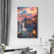 Glass wall art featuring twilight koi garden design by Artdesigna, showcasing vibrant koi fish and serene garden scene.