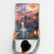 Glass wall art featuring a Twilight Koi Garden design by Artdesigna, showcasing vibrant koi fish and garden scene on clear glass.