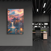 Glass wall art featuring a twilight koi garden scene by Artdesigna, with vibrant koi fish and serene garden details.