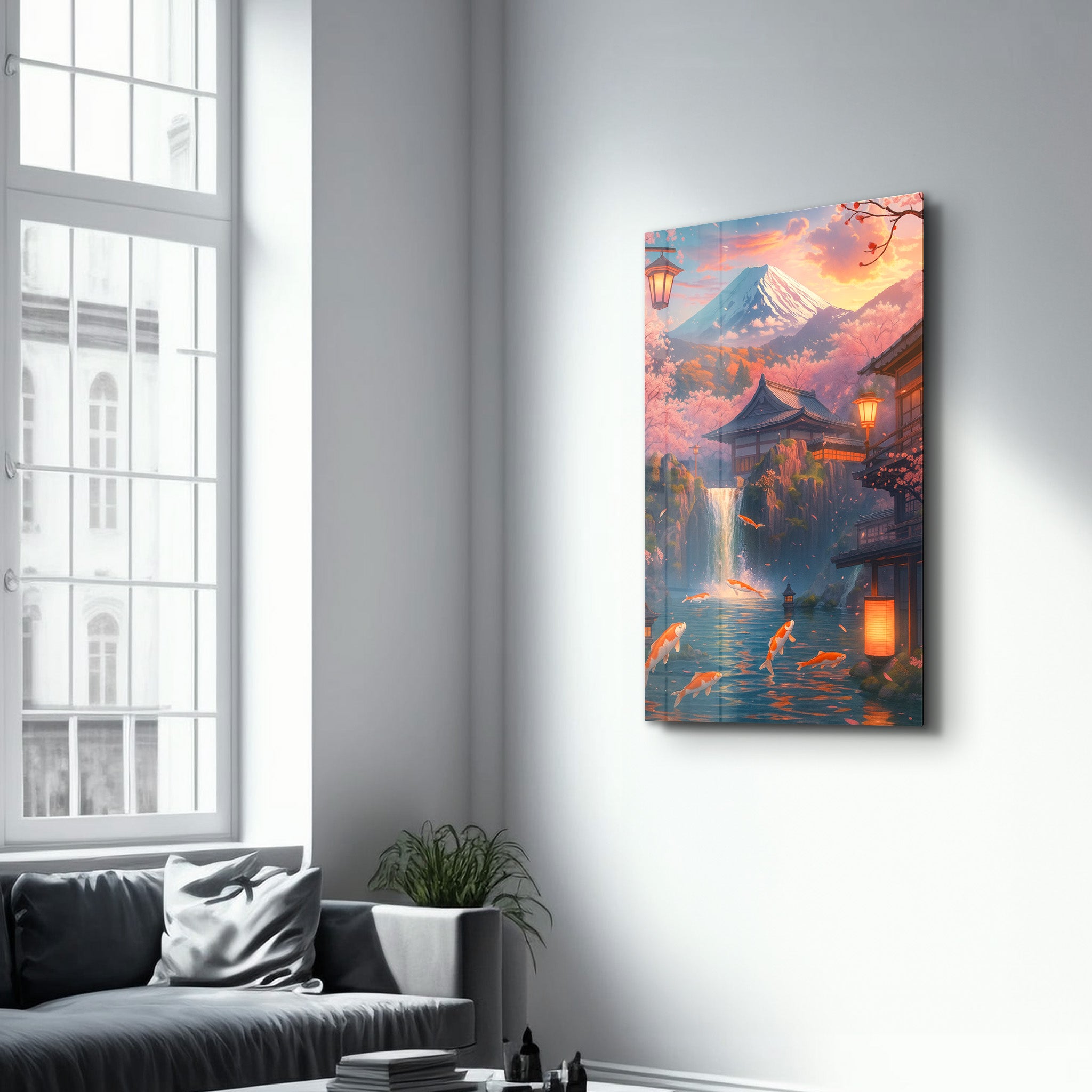 Glass wall art featuring a Twilight Koi Garden design by Artdesigna, showcasing vibrant koi fish and aquatic scene in glass.