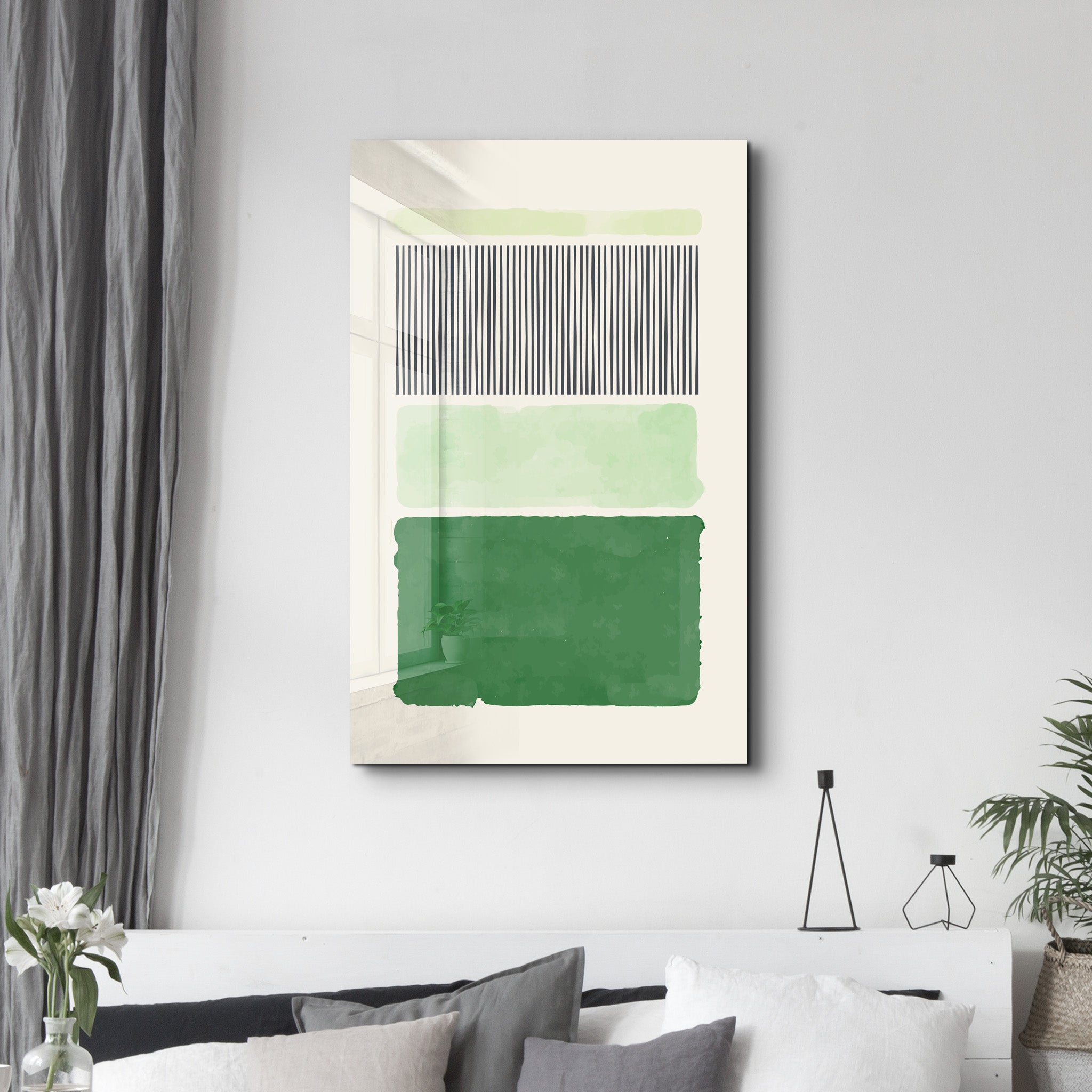 Vertical Lines & Green Blocks - Glass Wall Art