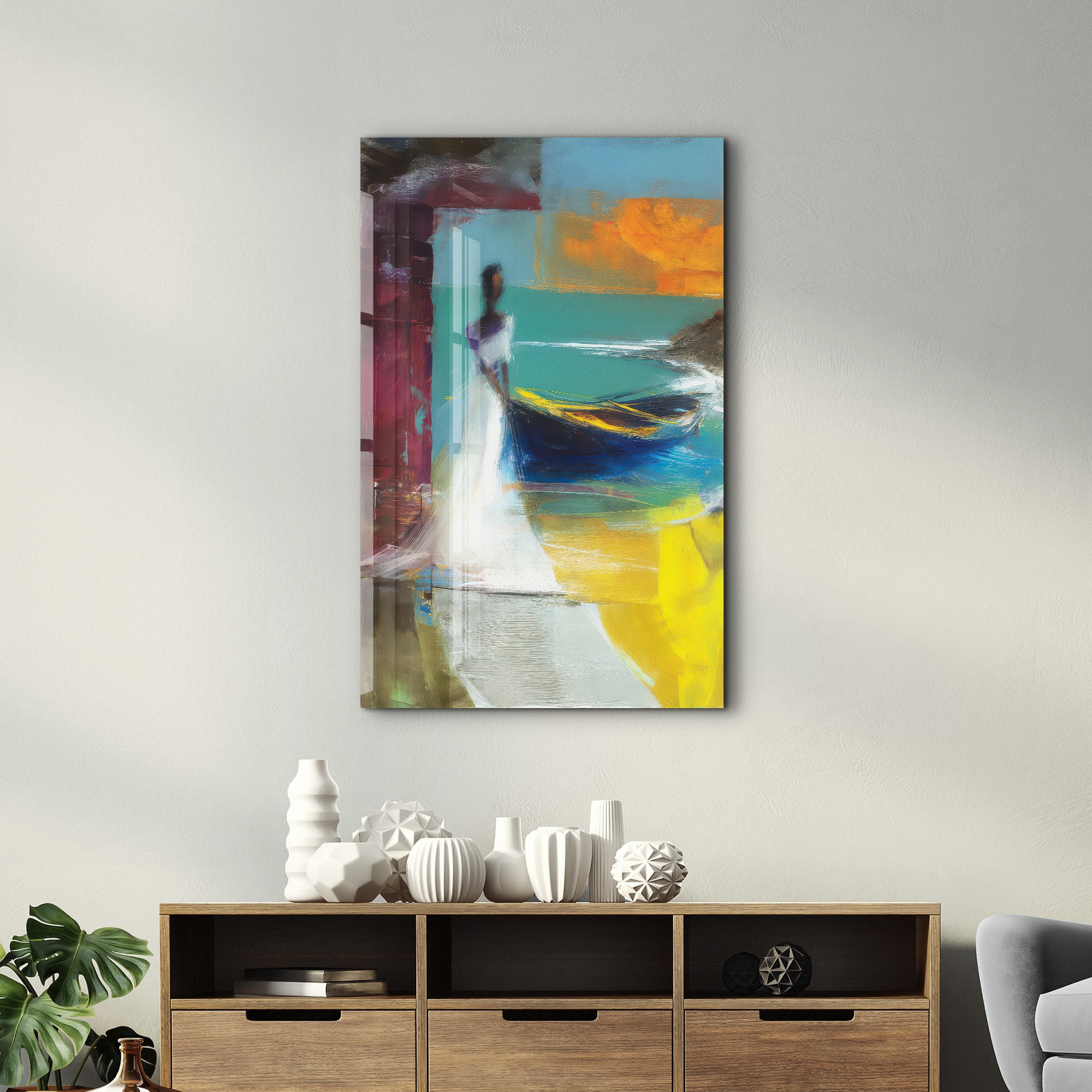 Glass wall art by Artdesigna titled "Whispers by the Shore," featuring a serene beach scene in a sleek glass display.