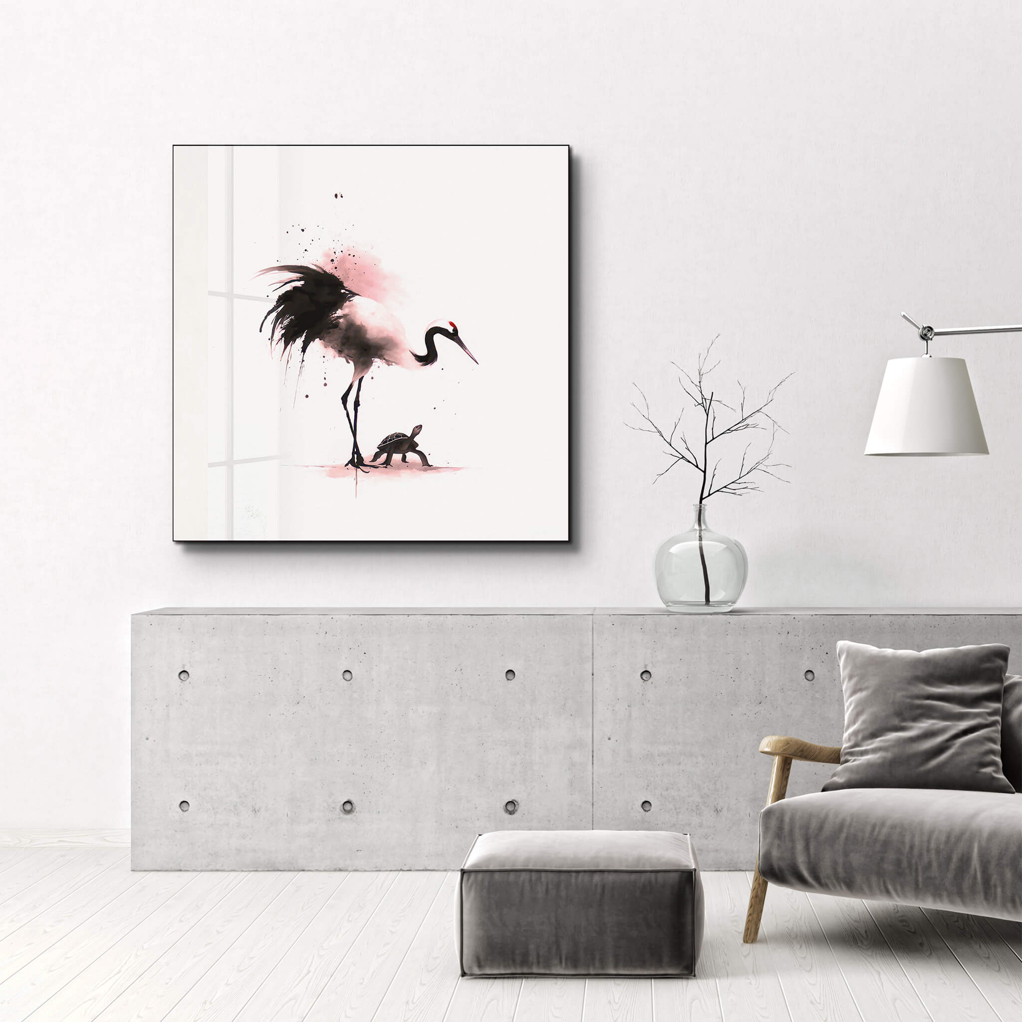 Crane and Tortoise in Harmony | Glass Wall Art