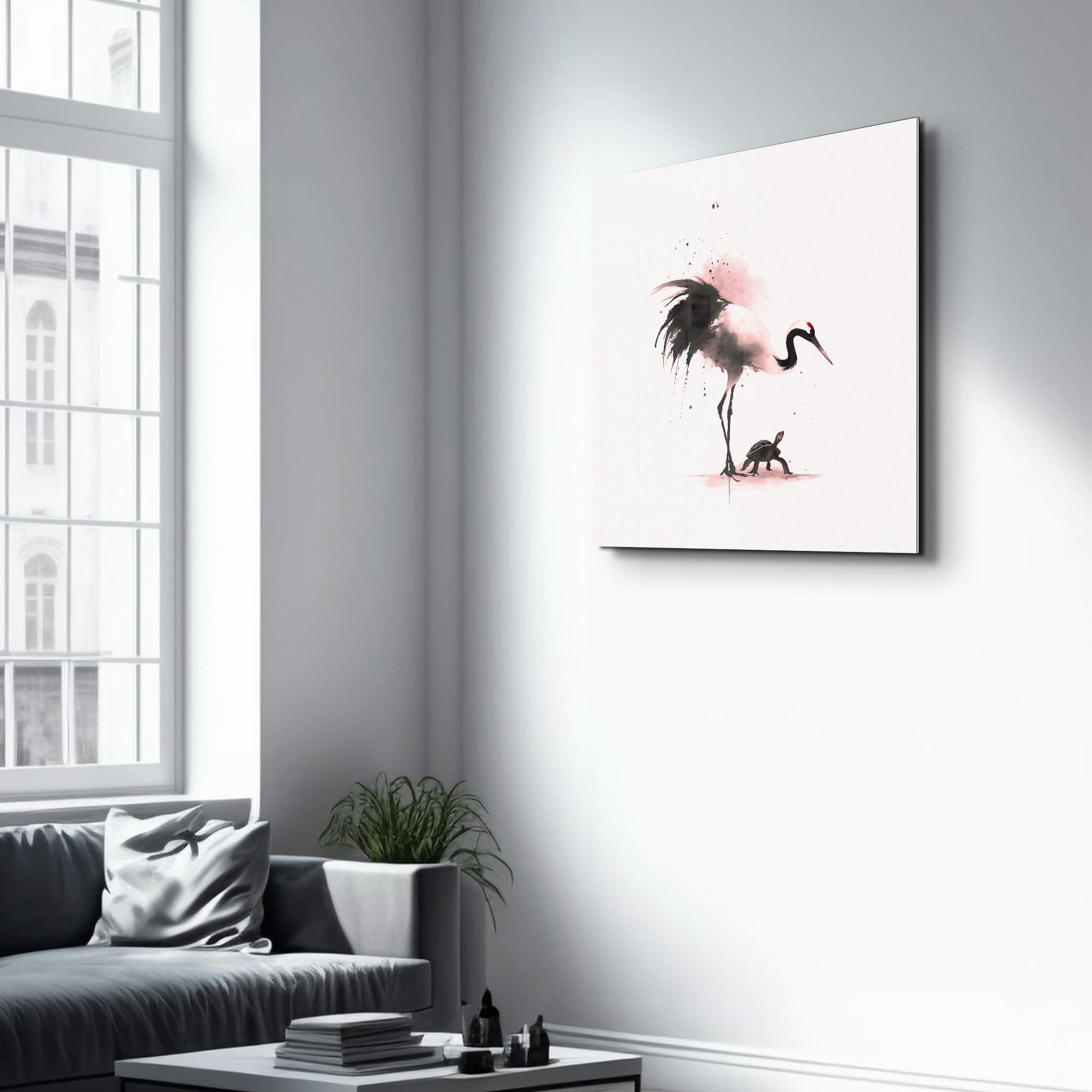 Crane and Tortoise in Harmony | Glass Wall Art