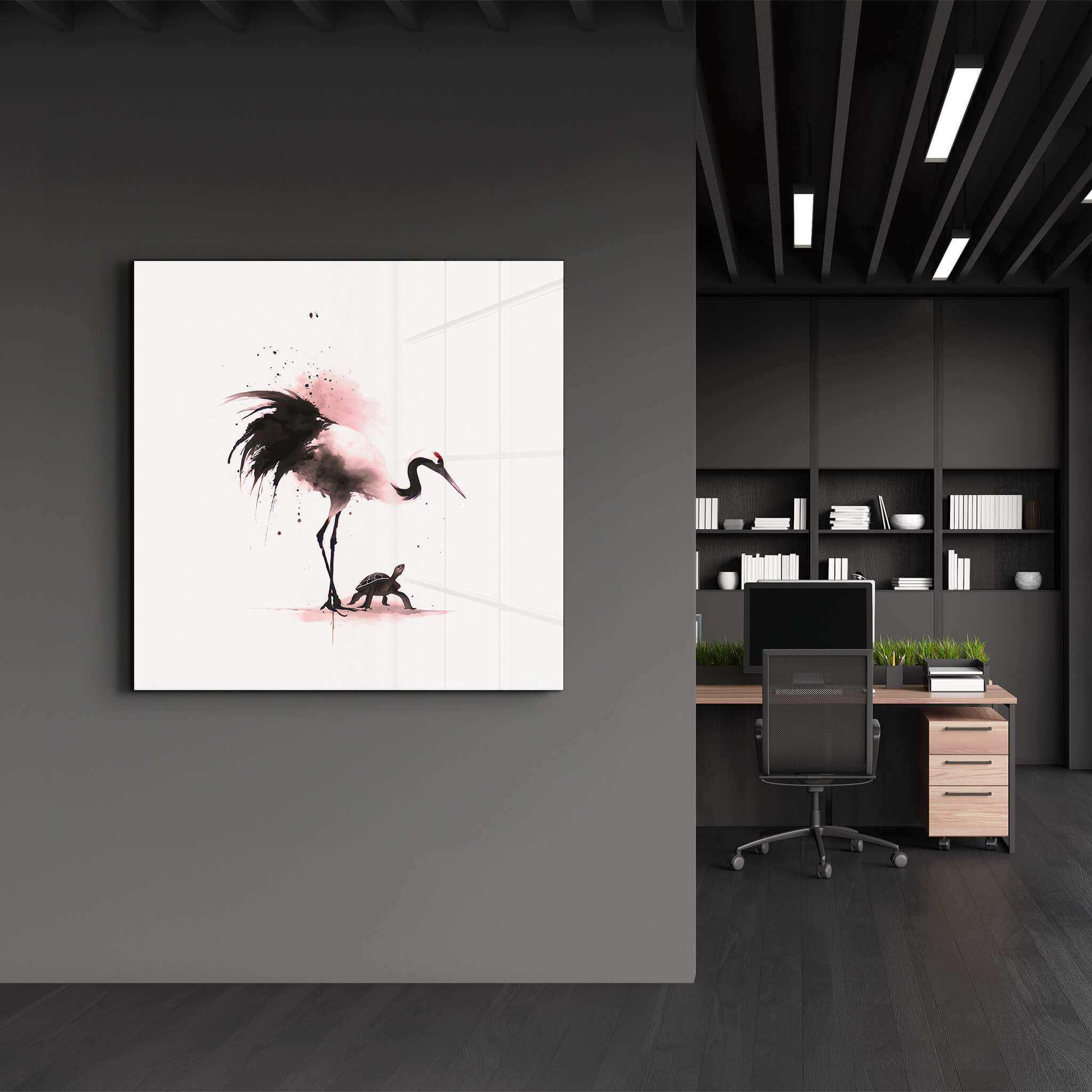 Crane and Tortoise in Harmony | Glass Wall Art