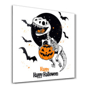 Dino Happy Halloween | Halloween Style Glass Wall Art - Artdesigna