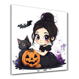 Lil' Witch and Her Pumpkin Pal | Halloween Glass Wall Art
