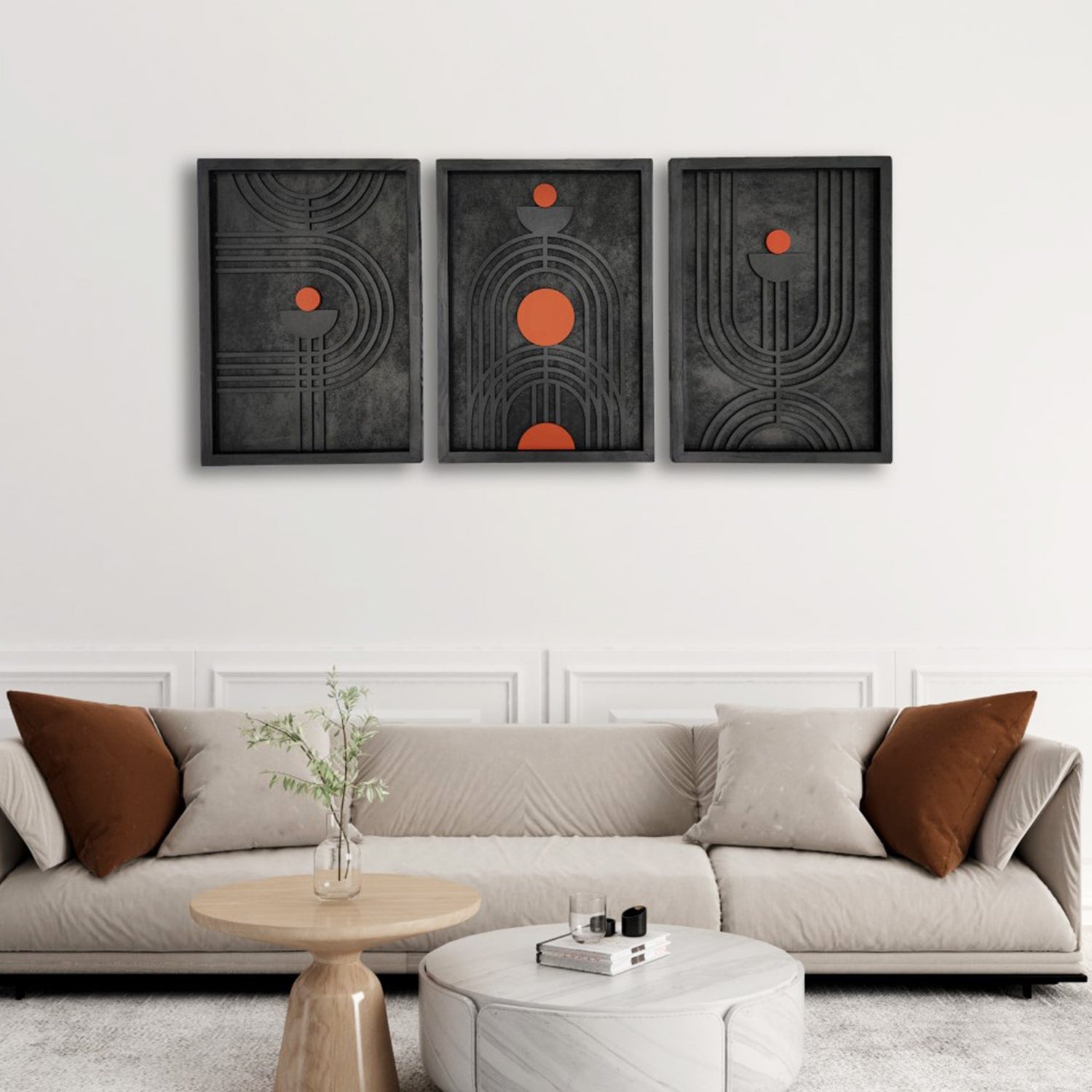 Modern Geometric Wooden Wall Art with Orange Accents – Trio