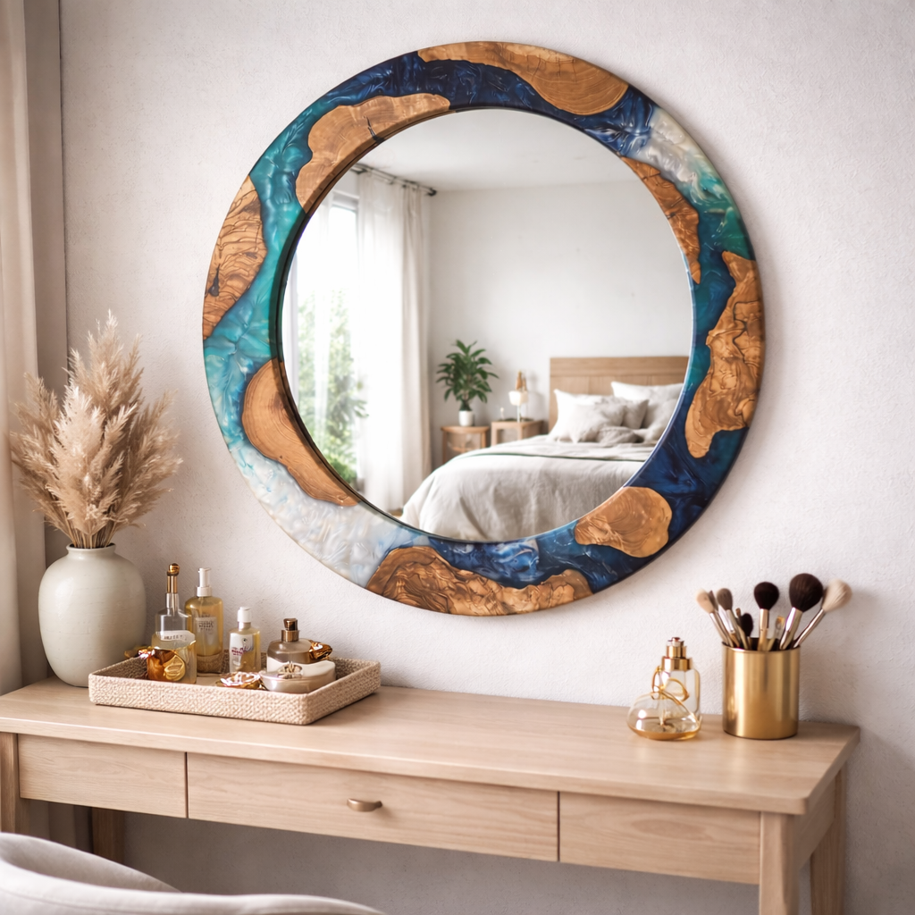 Ocean-inspired epoxy and olive wood wall art mirror by Artdesigna featuring a unique wood and resin design for wall decoration.