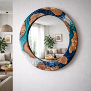 Ocean-inspired epoxy and olive wood mirror, wood wall art by Artdesigna showcasing a coastal design with natural wood and epoxy accents.