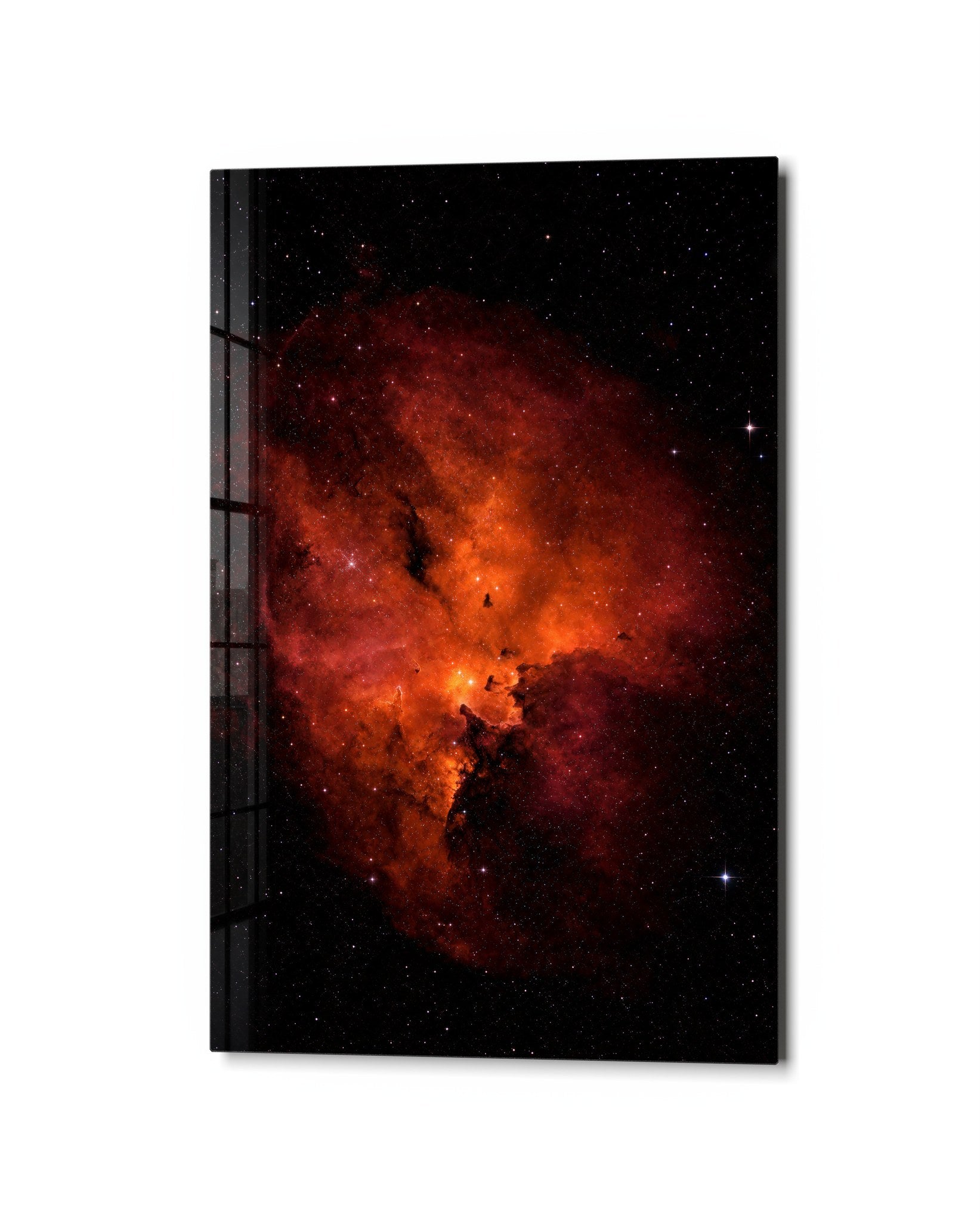 Orange Cloud glass wall art by Artdesigna featuring vibrant orange hues and cloud design on clear glass background.