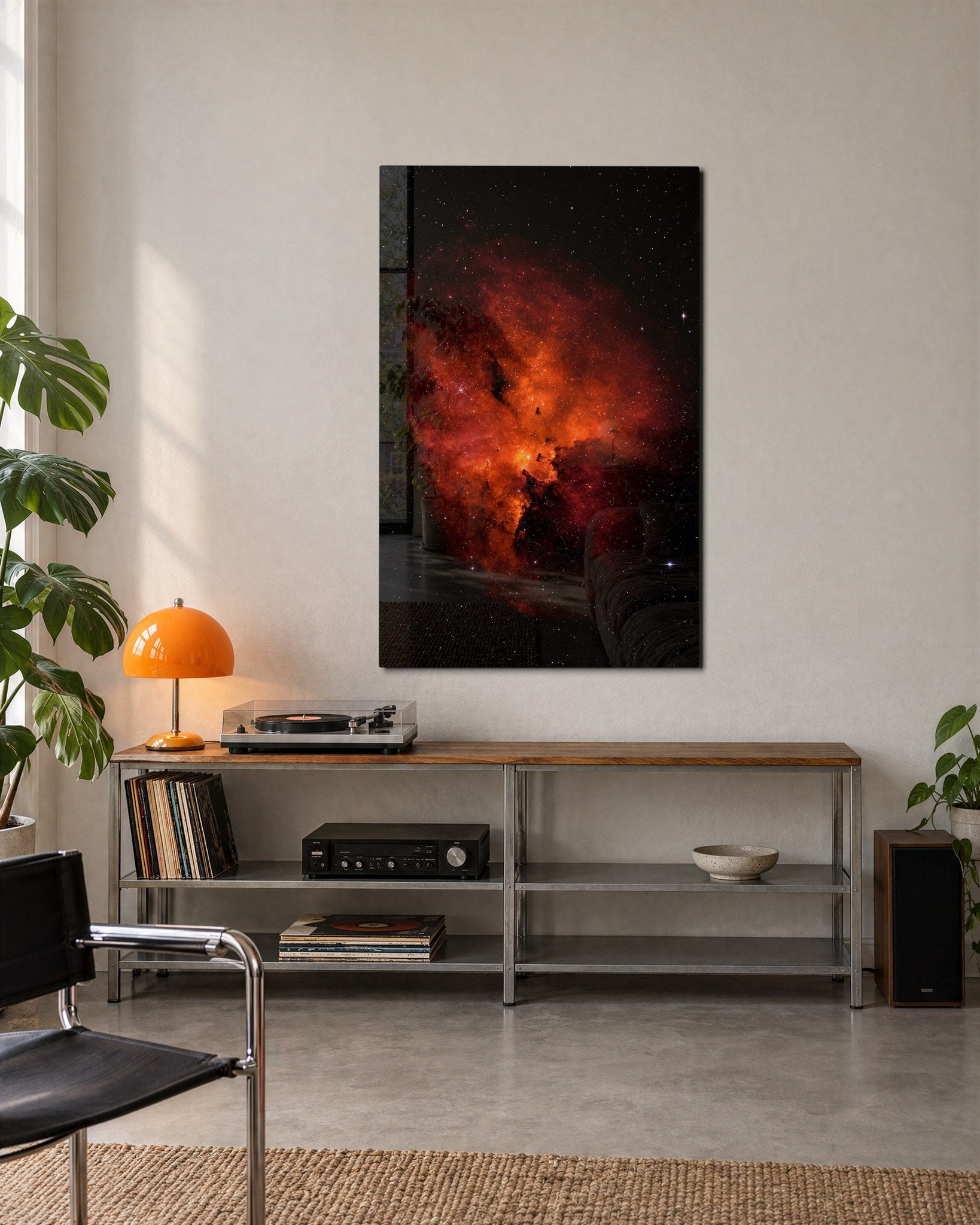 Orange Cloud glass wall art by Artdesigna featuring vibrant orange and blue cloud design on clear glass for modern wall decor.