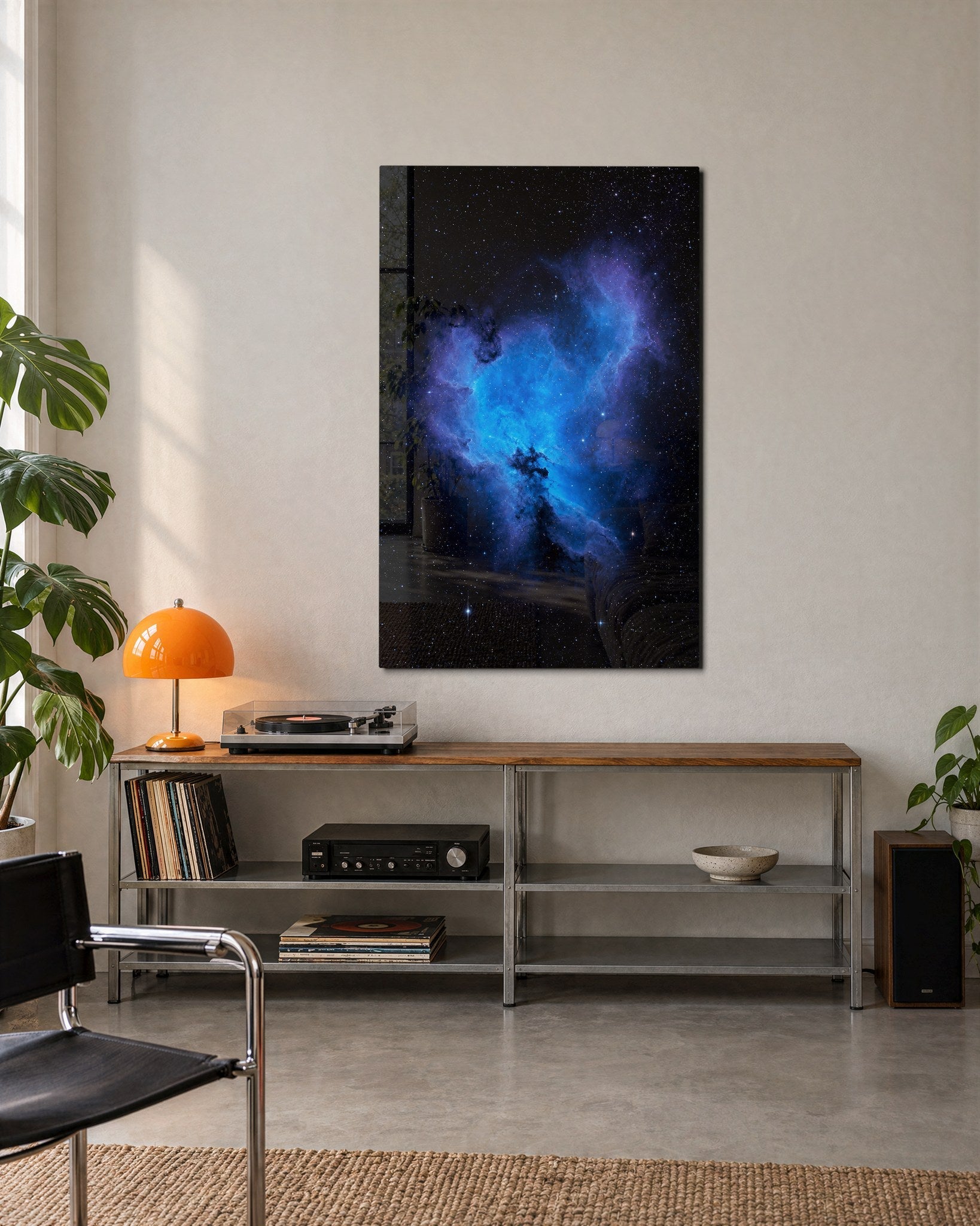 Cobalt Cloud glass wall art by Artdesigna, lifestyle view