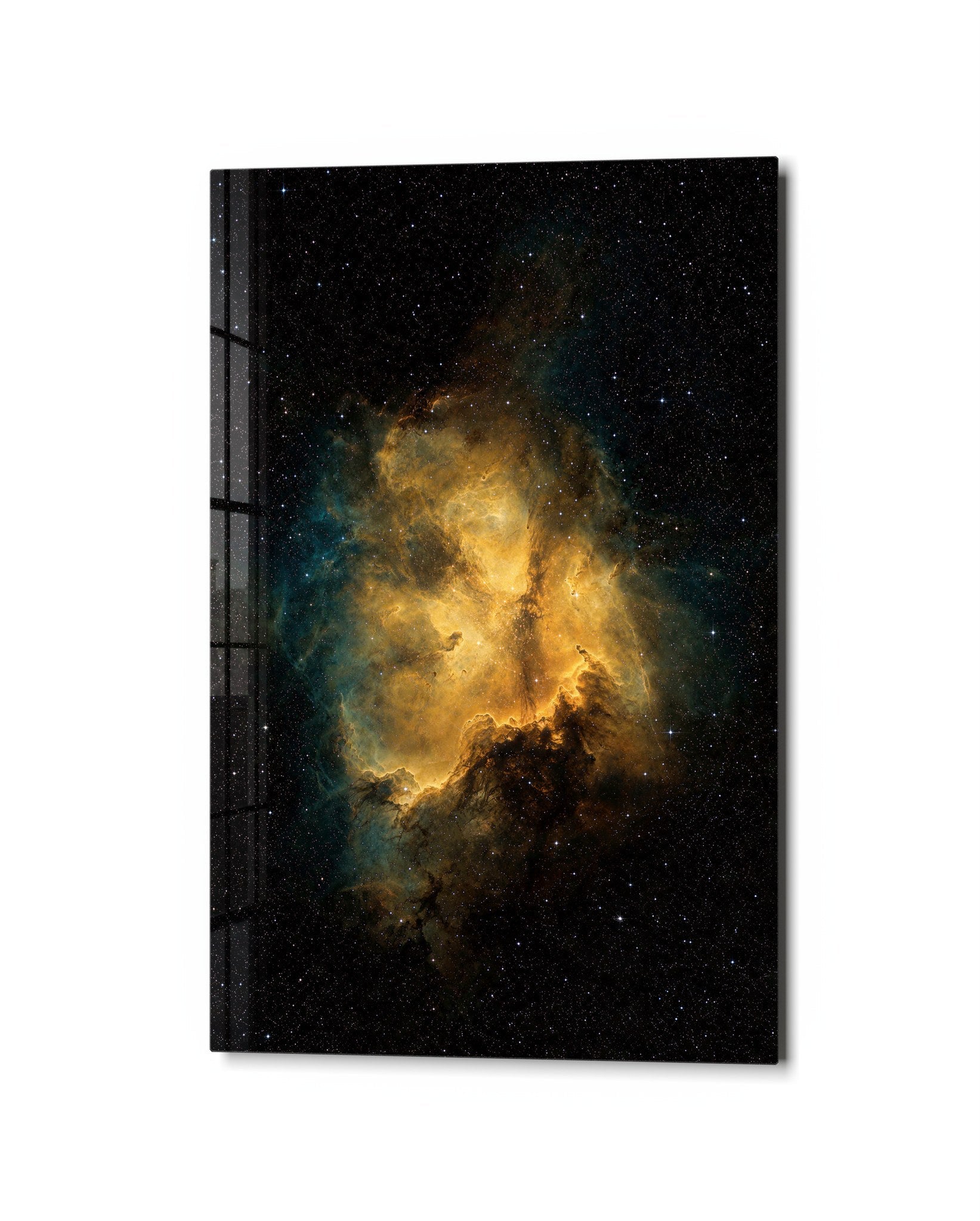 Golden Cloud, Black Sky glass wall art by Artdesigna, studio view
